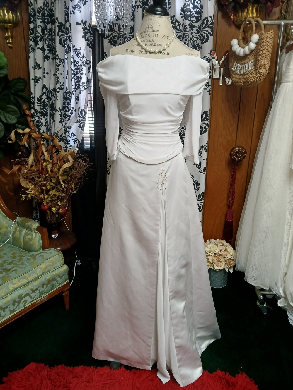 Maggie Sottero Off-Shoulder White Satin Wedding Gown